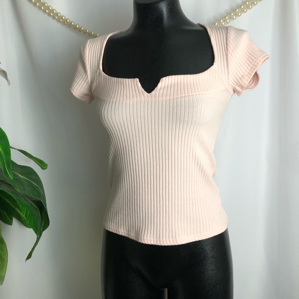 Free People Pale Pink Ribbed Short Sleeve Scoop Top